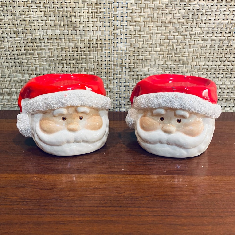 🎄🌟2xHP🌟VTG Set of 2 Ceramic Glazed & Glittered Santa Claus Pillar Holders